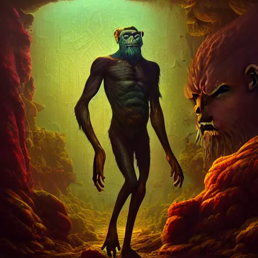 Prompt: a heroic psychedelic ape, hero character art, scars, by chris leib and greg rutkowski and android jones in a vibeant fantasy lovecraftian style, oil on canvas, dramatic lighting, raytracing, 8k, hd.