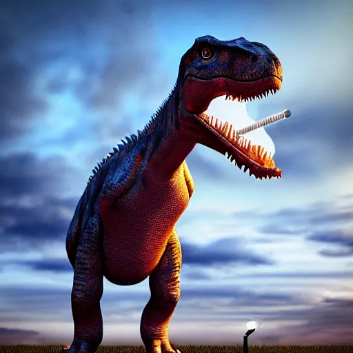 Image similar to a realistic photo of a dinosaur standing on two legs smoking a cigarette in their mouth hdr professional shot, full body