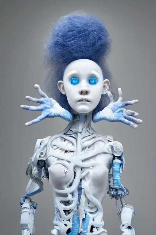 Image similar to full head and shoulders ballerina, monster with 3 d smooth, long blue hair, delicate facial features, white eyes, white lashes, detailed white, lots of 3 d cyborg elements, prosthetic, anatomical, all white features on a white background, by daniel arsham and james jean