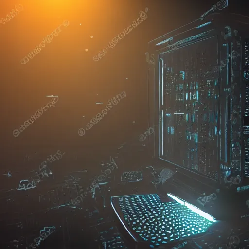 Image similar to Sci-fi Computer, dark light, view from above, in dark room, horror, detailed, 8k, intricate