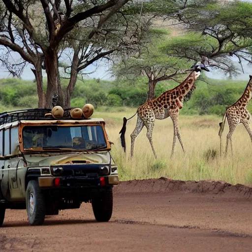 Image similar to a giraffe driving a safari car in south africa watching humans gathering in a giant river