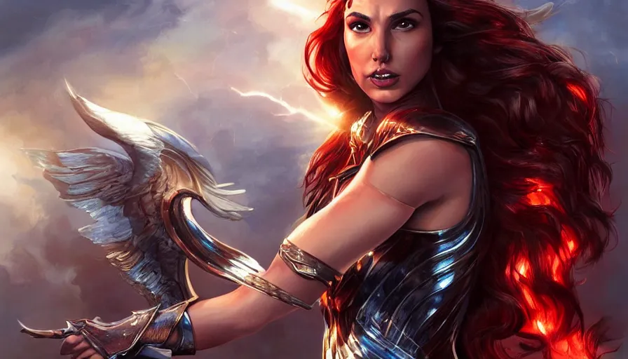 Prompt: painting of gal gadot as muscular and beautiful valkyrie with long red hair, fantasy art, full shot, atmospheric lightning, by artgerm