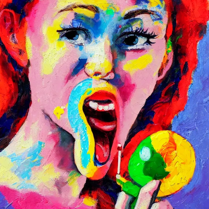 Prompt: portrait of beautiful woman licking a lollipop painted with colorful gouache impasto