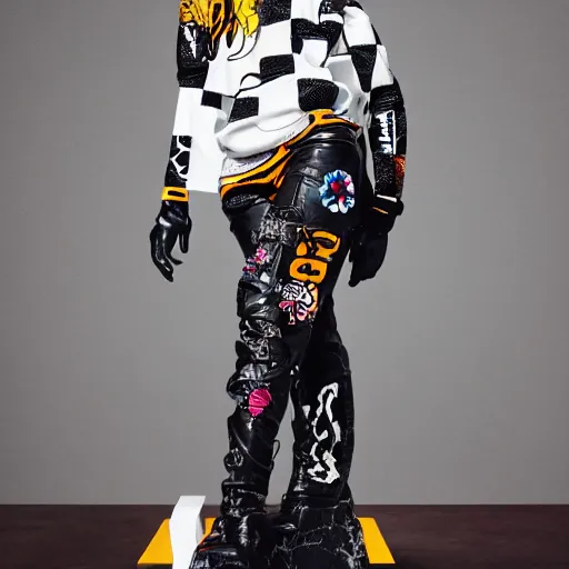 Image similar to black marble statue of a beautiful woman with colorful motocross logos in the style of virgil abloh, very very beautiful, detailed, off white, heron preston, 8 k, 4 k, detailed, beautiful, symmetrical, vogue, editorial, fashion, magazine, model