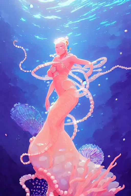 Image similar to a beautiful queen of ocean in the middle of coral reefs, pearl crystal jewelry, complex and shiny dress inspired by jellyfish, by ross tran and atey ghailan, by greg rutkowski, by greg tocchini, by james gilleard, by joe fenton, by kaethe butcher, dynamic lighting, grunge aesthetic