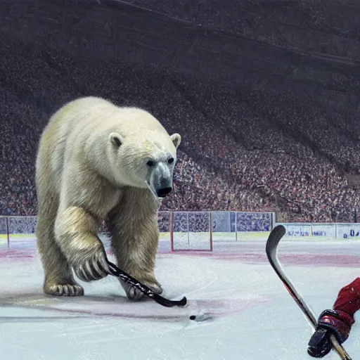 Image similar to polar bear playing hockey at stanley cup, intricate, sharp focus, illustration, highly detailed, digital painting, concept art, matte, art by ruan jia and wlop and greg rutkowski, masterpiece