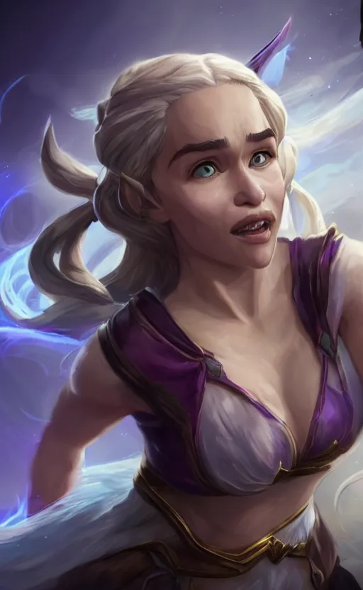 Image similar to Emilia Clarke as a character in the game League of Legends, with a background based on the game League of Legends, detailed face, old 3d graphics