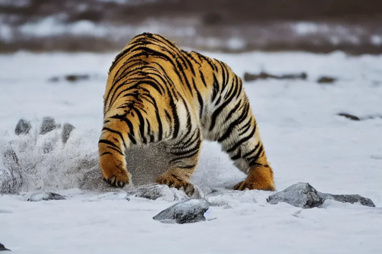 Image similar to a tiger polar bear!!! hybrid! hyper realistic!! realistic lighting!! wildlife photographer of the year!!! bold natural colors, national geographic, hd, wide angle, 8 k