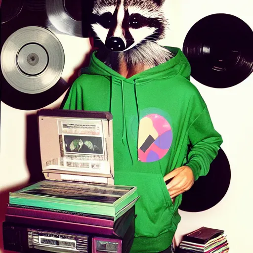 Image similar to medium shot, photo of a girl in a detailed hyperrealistic raccoon mask, wearing a green hoodie, holding a pile of vinyl records, 8 0 - s, polaroid photo, by warhol,