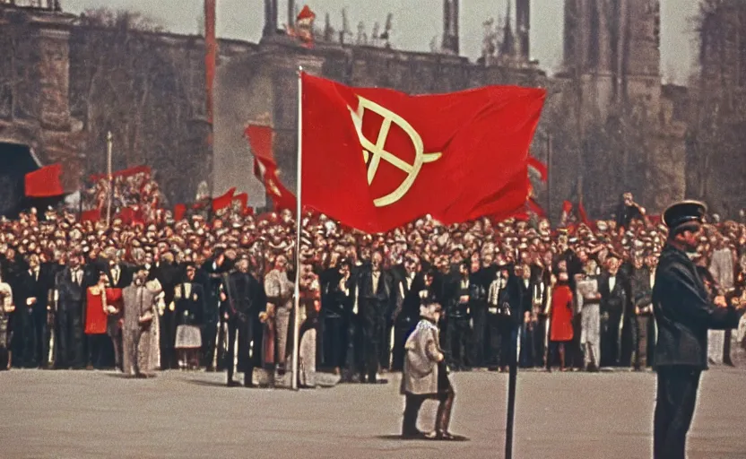 Image similar to 60s movie still of a soviet's ceremony with CCCP flags and a large bronze statue of Karl Marx stanilist style palace backround, by Irving Penn , cinestill 800t 35mm eastmancolor, heavy grainy picture, very detailed, high quality, 4k, HD criterion, precise texture