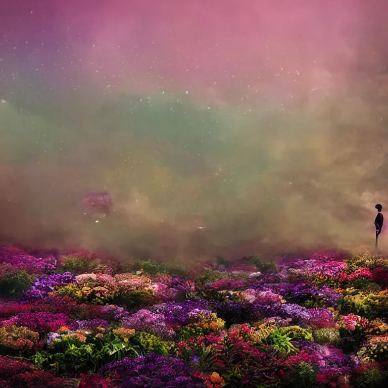 Image similar to a planet of various flowers, fungus and plants, in which the singular human figure is dressed in something magical and impressive, inside the picture is infinity, sunset light, Atmospheric phenomenon, artistic photography, muted colors, conceptual, long exposure outside the city, volumetric light