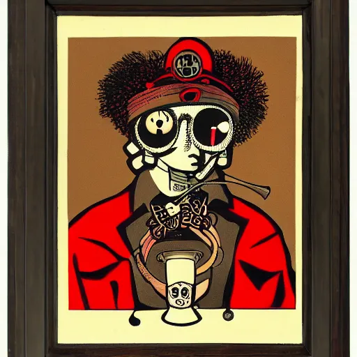 Image similar to Illustrated by Shepard Fairey and H.R. Geiger | Steampunk Clown Vampire with VR helmet, surrounded by cables