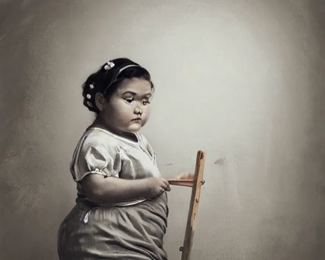 Image similar to very stylized old photo portrait of a fat sweet little girl painting a house on the wall, full body. long shot. beautiful hands, flowery cloth. subsurface scattering shiny skin. beautiful lighting, 4 k post - processing, trending in art station, cg society, highly detailed, 5 k extremely detailed, 3 d. cinematic scene. sharp details. bokeh