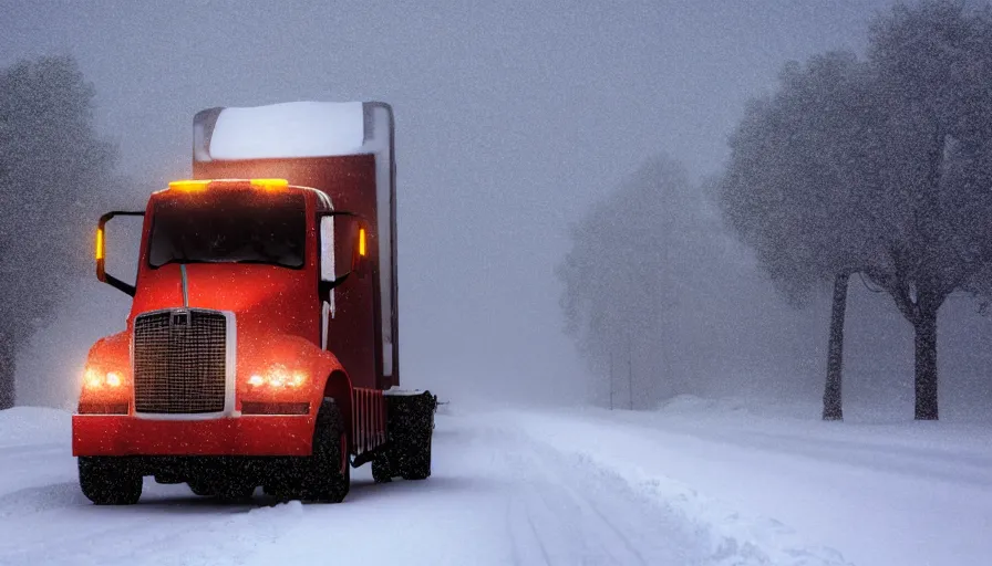 Prompt: A cozy Snowplow! stuck in the heavy snow of a beautiful snowy landscape. A blizzard and heavy snow falls. Fog and mist, highly detailed, concept art, digital art, 4k, high snow