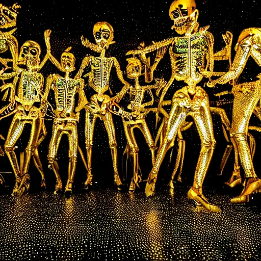 Prompt: professional nightclub photo, a giant crowd of realistic shiny reflective chrome skeletons dancing wildly and sensually, inside a black and gold rococo nightclub with fog and blue lasers