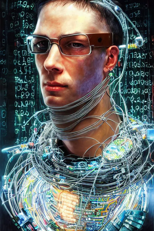 Prompt: stunning highly detailed portrait of a neuromancer hacker with cyber headgear surrounded by wires, complimetary colors, oil on canvas, strong lighting, by Greg Staples, HD, 4K