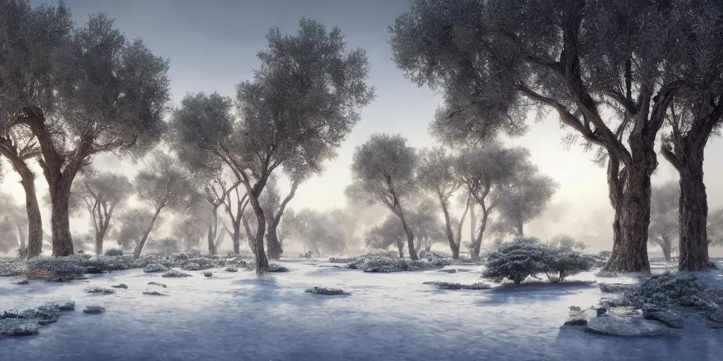 Prompt: A hyperrealistic concept art of a very beautiful winter in ancient egypt, lots of oak and olive trees, stunning massive ornately 3d render inspired art by Renato muccillo and Andreas Rocha and Johanna Rupprecht + symmetry + natural volumetric lighting, 8k octane beautifully detailed render, post-processing, highly detailed, intricate complexity, epic composition, magical atmosphere, cinematic lighting + masterpiece, trending on artstation