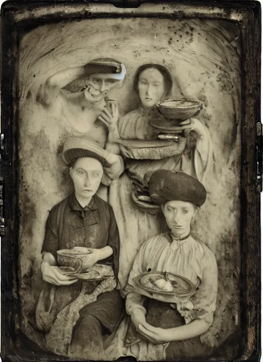 Image similar to old wetplate daguerreotype potato eaters by van gogh, fractal, intricate, elegant, highly detailed, parallax, leica, medium format, subsurface scattering, by jheronimus bosch and greg rutkowski and louis jacques mande daguerre