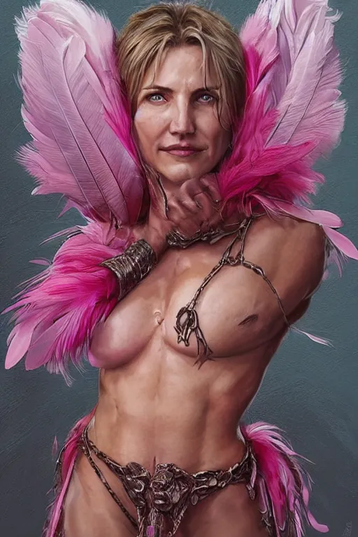 Image similar to muscled Cameron Diaz as a ruggedly handsome hero wearing pink feathers, intricate, elegant, tasteful, highly detailed, centered, digital painting, artstation, concept art, smooth, sharp focus, illustration, art by artgerm and donato giancola and Joseph Christian Leyendecker, WLOP