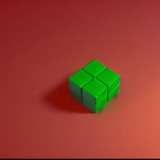 Prompt: stack of green cubes on the left and an orange ball on the right in a red room, blender, ue 5, octane render, trending on artstation