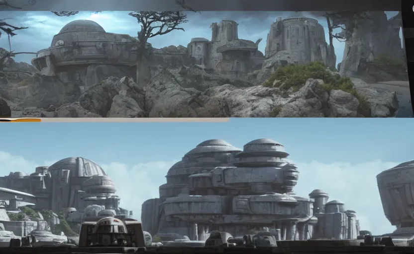 Prompt: still image screenshot floating boulder planet, castles floating in mid air, jedi temples from the tv show mandalorian on disney +, scene in front of a strange building, moody mining planet, at - at imperial walkers, invading kashyyyk, anamorphic lens, 3 5 mm film kodak