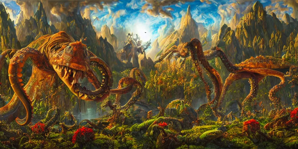 Image similar to fantasy oil painting, great leviathan, cybernetic turtle cephalopod terrapin reptilian pachyderm squid, bella hadid, hybrid, milla jovovich, anubis, epic natural light, lush plants flowers, spectacular mountains, bright clouds, luminous sky, outer worlds, golden hour, michael cheval, edward hopper, michael whelan, vray, hd