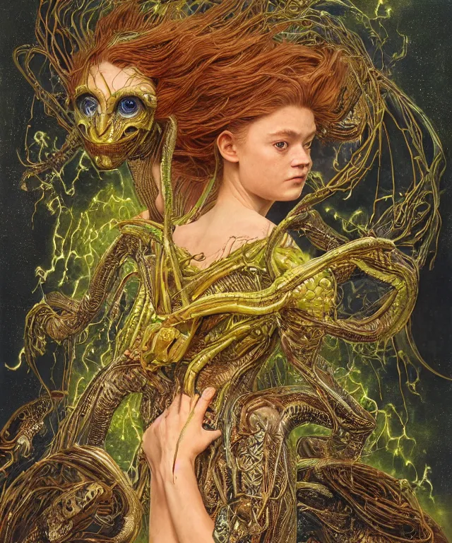 Prompt: a portrait photograph of a fierce sadie sink as a strong alien harpy tomboy with amphibian skin. she trying on a glowing and fiery lace shiny metal slimy organic membrane parasite and transforming into an evil insectoid snake bird. by donato giancola, walton ford, ernst haeckel, peter mohrbacher, hr giger. 8 k, cgsociety