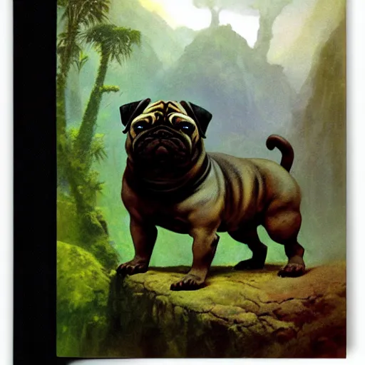 Image similar to muscular oversized warrior pug in mystical foggy jungle by frazetta