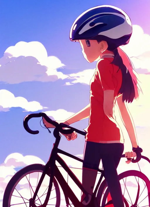 Prompt: portrait of cute girl riding road bike, sunny sky background, lush landscape, illustration concept art anime key visual trending pixiv fanbox by wlop and greg rutkowski and makoto shinkai and studio ghibli and kyoto animation, symmetrical facial features, sports clothing, road bike helmet, red cycling suit, backlit, aerodynamic frame, global cycling network