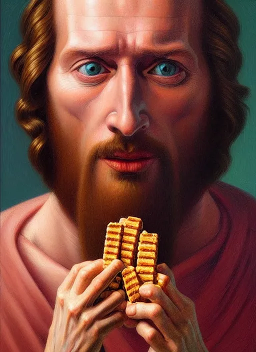 Image similar to hyper detailed 3d render like an Oil painting - Portrait of Jesus Christ eating a Snickers bar by Jacek Yerka, Mariusz Lewandowski, Houdini algorithmic generative render, Abstract brush strokes, Masterpiece, Edward Hopper and James Gilleard, Zdzislaw Beksinski, Mark Ryden, Wolfgang Lettl, hints of Yayoi Kasuma, octane render, 8k