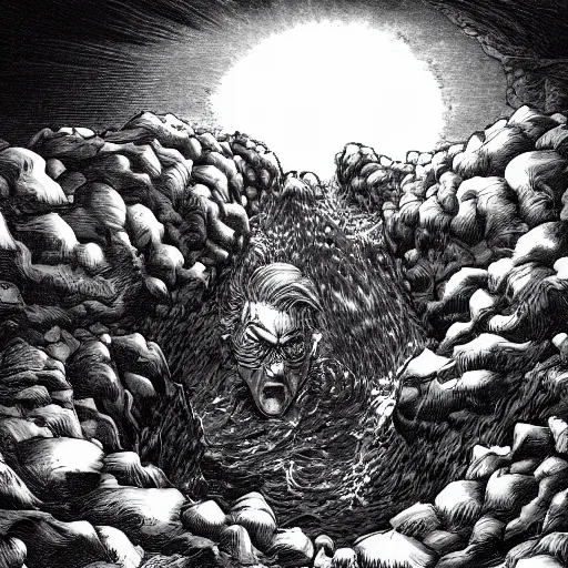 Image similar to a man drowning in the deepest pits of hell by kentaro miura, stunning artwork, wide shot angle