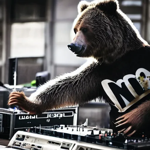 Prompt: an instagram photo of a grizzly bear dressed in hip hop street clothes in front of a dj table holding a microphone