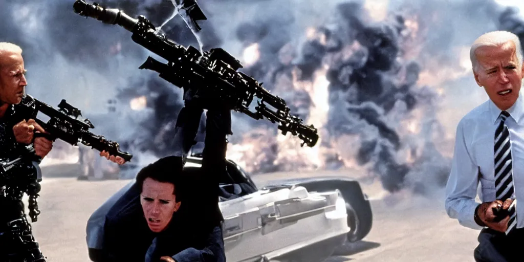 Prompt: joe biden in the terminator shooting terminator donald trump, cinematic, two characters, highly detailed, photorealistic, cinematic lighting, James Cameron