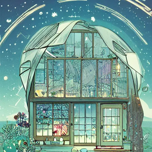 Prompt: quaint glass house village in the stars, james jean illustration