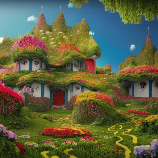 Image similar to a beautiful detailed surreal houses made from flowers in a serene landscape, Edmund Dulac, Jacek Yerka, landscape photography composition,vivid colors,octane render,redshift render :1