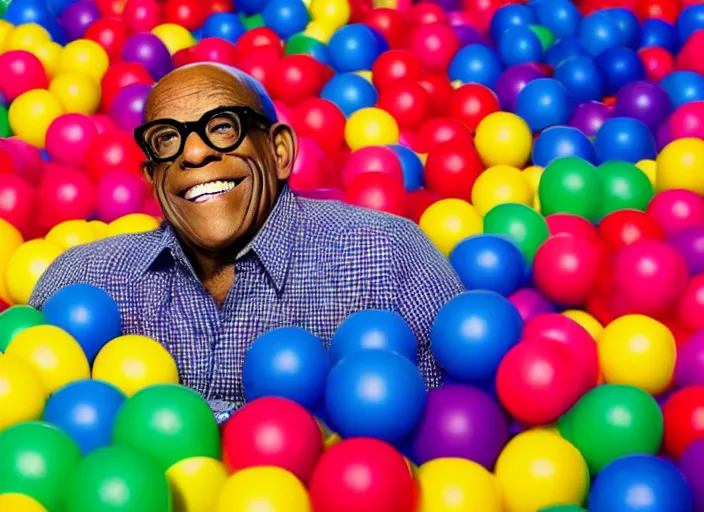 Image similar to photo still of al roker in a ball pit!!!!!!!! at age 4 6 years old 4 6 years of age!!!!!!!! hiding from parents, 8 k, 8 5 mm f 1. 8, studio lighting, rim light, right side key light