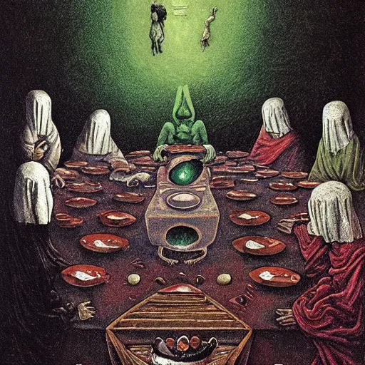 Image similar to pepe the frog eating in the last supper with disciples, floating dark energy surrounds them. there is one cow in the corner of the room, surrounded by a background of dark cyber mystic alchemical transmutation heavenless realm. highly detailed, vivid color, beksinski painting, part by adrian ghenie and gerhard richter. art by takato yamamoto. masterpiece