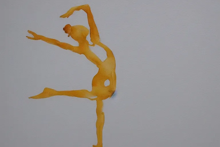 Image similar to beautiful serene gymnastics, healing through motion, life, minimalistic golden and ink airbrush painting on white background, pristine dream