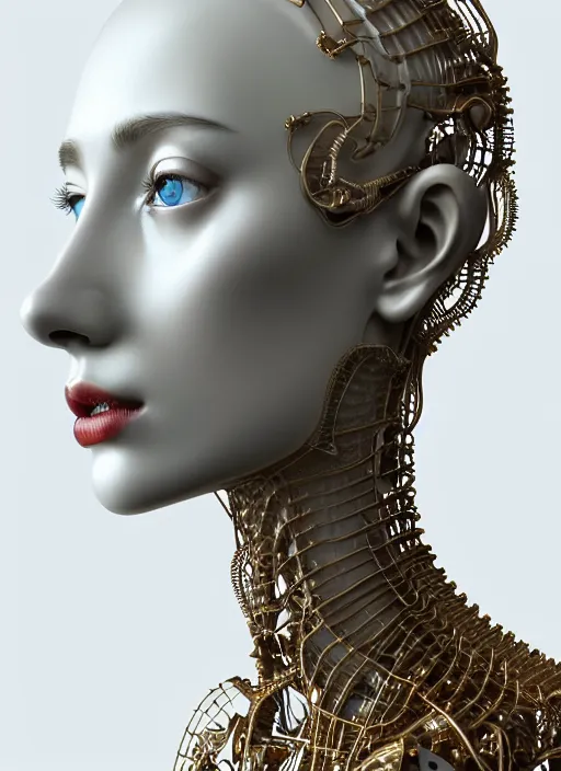 Image similar to complex 3d render ultra detailed of a beautiful porcelain profile woman face, mechanical cyborg, 150 mm, beautiful natural soft light, rim light, silver gold details, mechanical magnolia and ghost orchid big leaves and stems, roots, fine foliage lace, maze like, mesh wire, intricate details, hyperrealistic, ultra detailed, mandelbrot fractal, anatomical, red lips, white metal neocubism armor, facial muscles, cable wires, microchip, elegant, octane render, H.R. Giger style, 8k