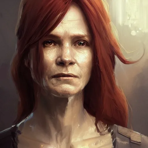 Prompt: Portrait of a woman by Greg Rutkowski, she is about 50 years old, redhead, long straight hair, beautiful oval face, wearing a futuristic tactical gear, older sister vibes, sad and resigned expression, highly detailed portrait, digital painting, artstation, concept art, smooth, sharp foccus ilustration, Artstation HQ.