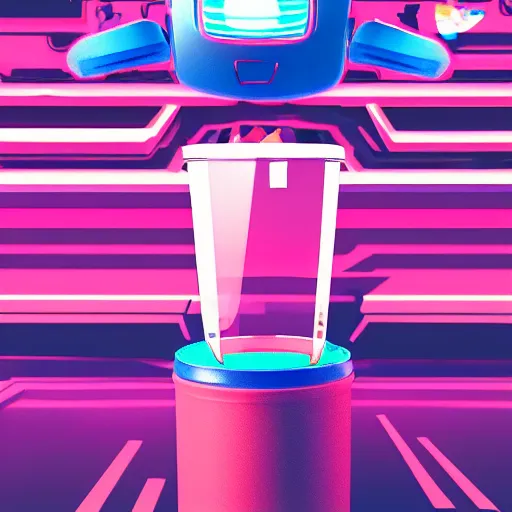Prompt: soda cup fighting robot in synthwave style