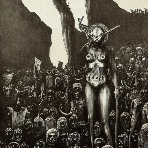 Prompt: sirenhead presides over protesting marikana mine workers in downtown johannesburg. grimdark etching by beksinski and hieronymus bosch. white on black on brown