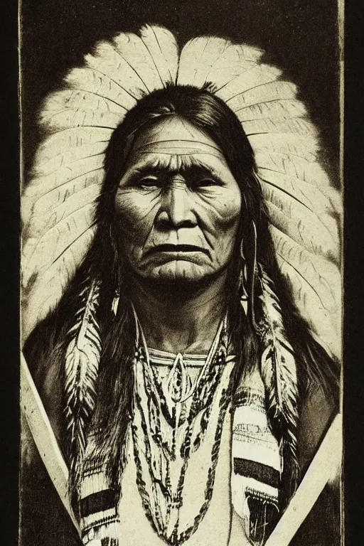 Image similar to “19th century wood engraving of a Native American indian woman, portrait, Nanye-hi Beloved Woman of the Cherokee, wearing a papoose showing pain and sadness on her face, ancient”