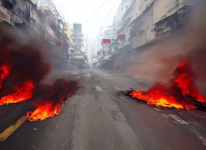 Prompt: dirty, dark, streets of hong kong, huge fires flaming through the streets, blood red sky, apocalpyse