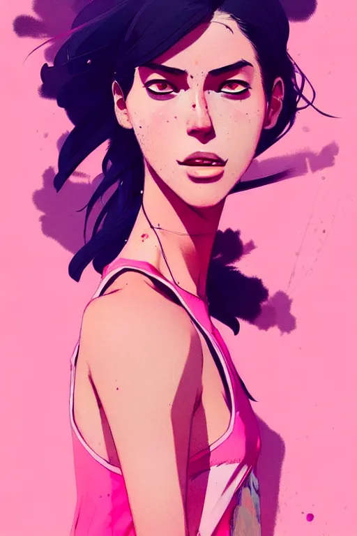 Image similar to a ultradetailed beautiful painting of a stylish woman in a pink tank top, by conrad roset, greg rutkowski and makoto shinkai trending on artstation