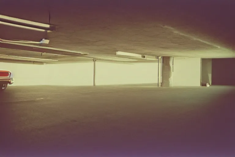 Prompt: shadowed figure with a low glow, inside of an badly lit 1970s parking garage, ektachrome photograph, volumetric lighting, f8 aperture, cinematic Eastman 5384 film