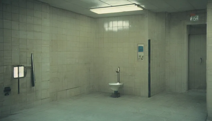 Image similar to 60s movie still of a sovietic stalinist style empty Infinite public shower, cinestill 800t 50mm eastmancolor, liminal Space style, heavy grain-s 150
