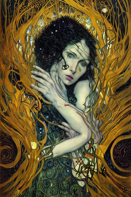 Image similar to Heart of Thorns by Karol Bak, Jean Deville, Gustav Klimt, and Vincent Van Gogh, Surreality, otherworldly, infernal enigma, Helliquary, fractal structures, celestial, arcane, ornate gilded medieval icon, third eye, spirals, dramatic sharp thorns, rich deep moody colors