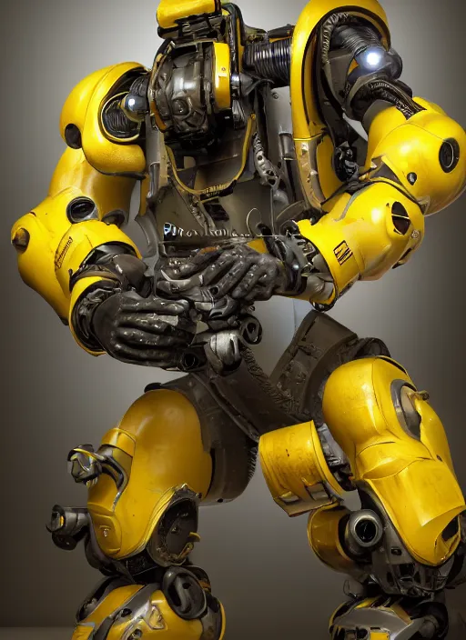 Prompt: a photorealistic dramatic hyperrealistic render of a futuristic exosuit power loader heavy machinery, ultra realistic details, glossy yellow, well worn, oil stains by vitaly bulgarov and mike nash, beautiful dramatic dark moody tones and lighting, cinematic atmosphere, studio lighting, shadows, dark background, octane render, 8 k
