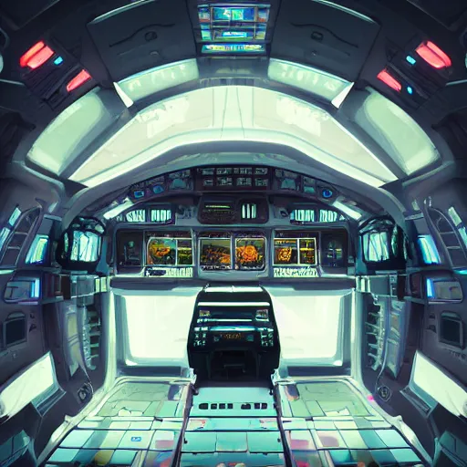Prompt: the inside of a futuristic spaceship cockpit with large windowsx, highly detailed interior, holographic screen in center frame by peter mohrbacher, trending on artstation, cryengine render, 8 k